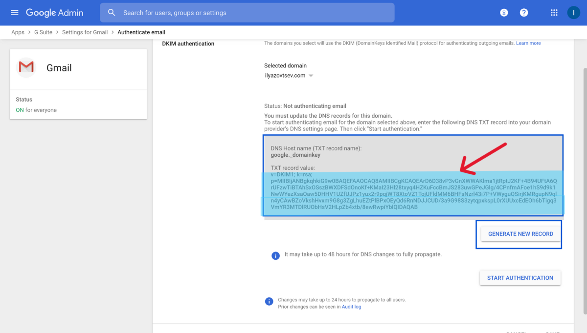 DKIM Copy Step - Copy the generated DKIM key from Google