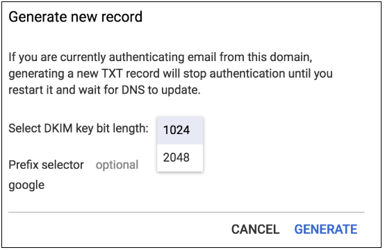 DKIM Key Bit Length Step - Select 2048 bit length option