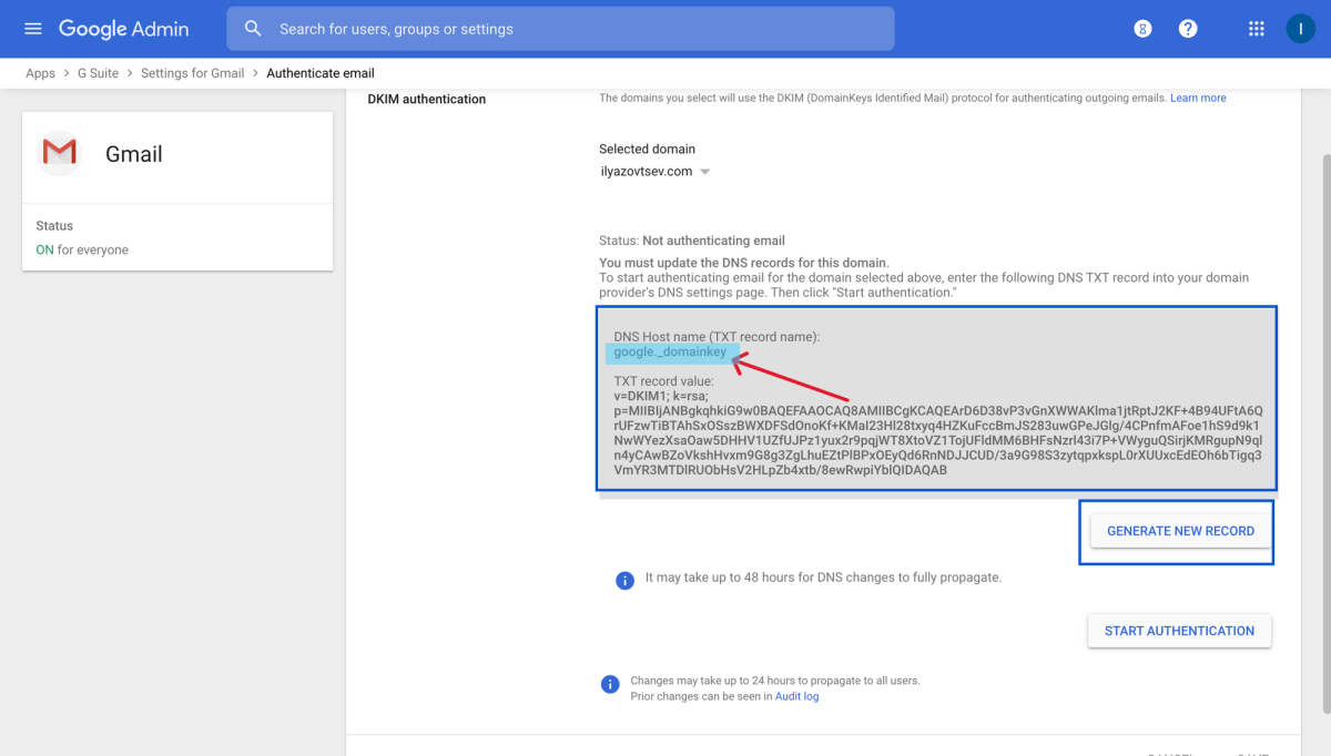 DNS Host Name TXT Record Name Step - Copy the DNS host name from Google