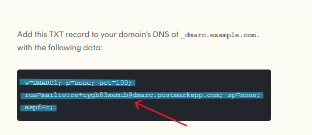 Generated DMARC Copy Step - Copy the generated DMARC record from Postmark