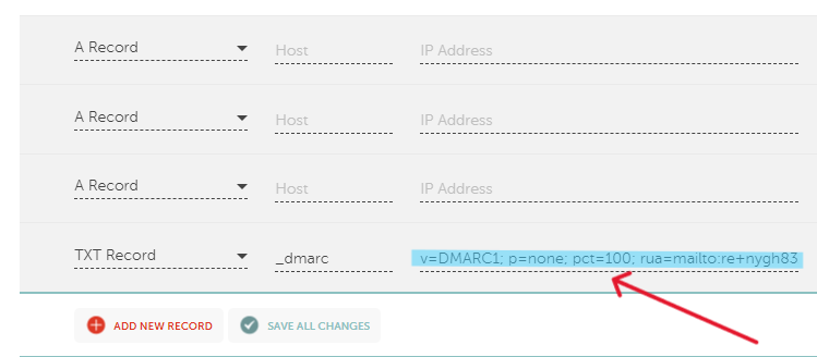 Generated DMARC Paste Step - Paste the DMARC record into the Value field