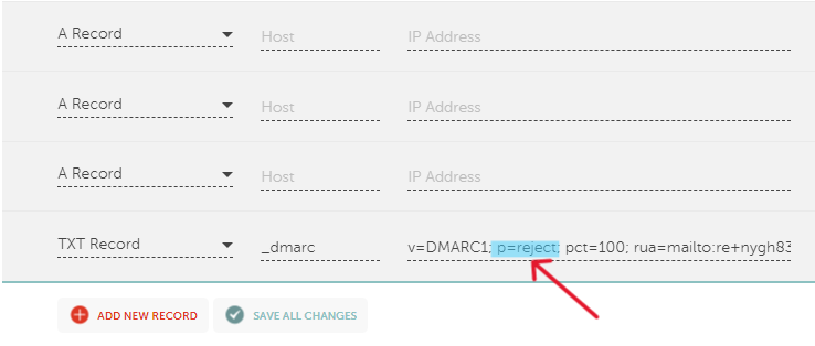 P=none to P=reject Step - Change p=none to p=reject in the DMARC record